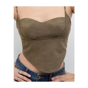 CIDER Olive Green Suede Corset Top Strappy Sweetheart Neckline Flared Hem Size L